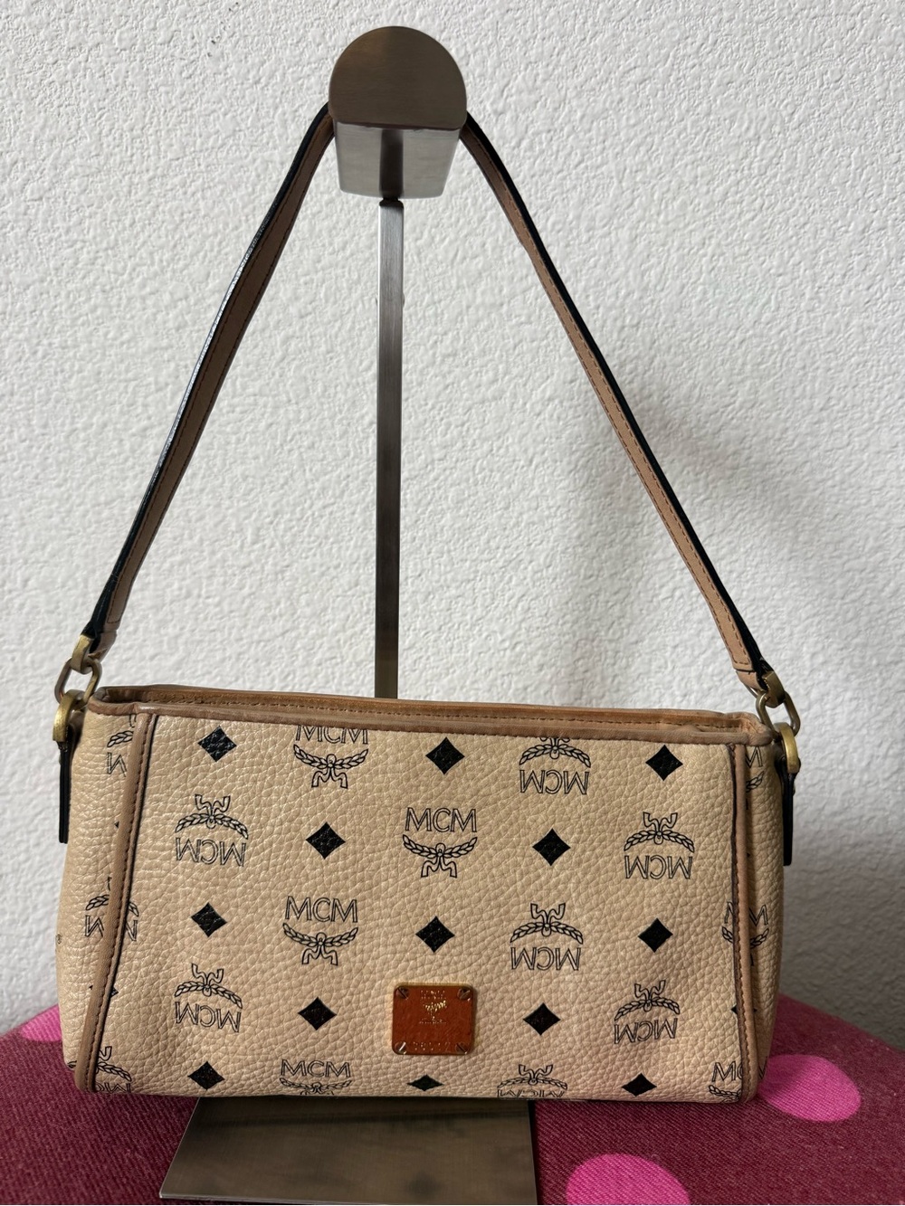 MCM Beige Monogram Shoulder Bag with Tan Trim and Gold Tone Hardware
